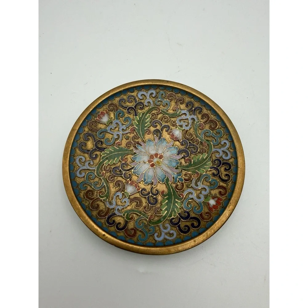 Pair Vintage Chinese Cloisonné Enamel Trinket Dishes Lotus Floral 4.25
